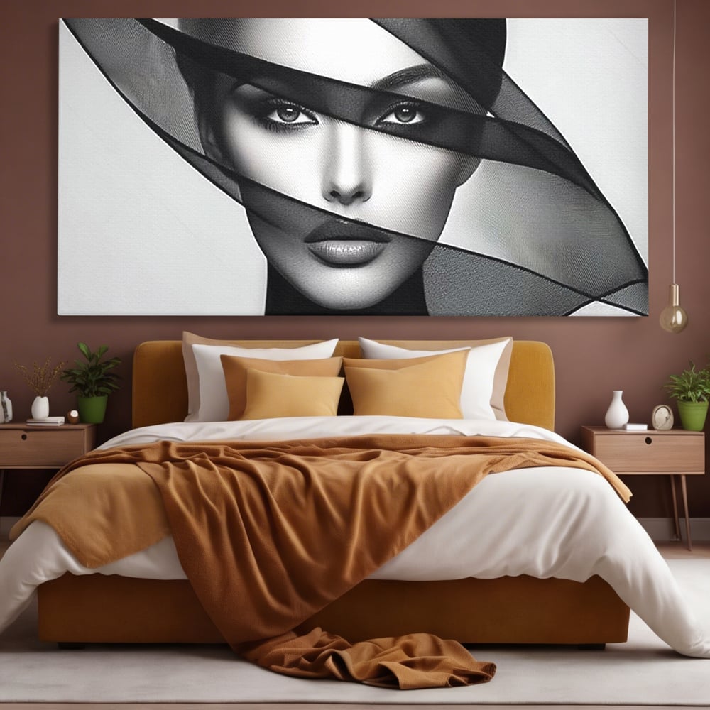 Tablou canvas cu tablou canvas cu femeie si voal negru, fara rama, pe sasiu de lemn, pe perete intr-un dormitor